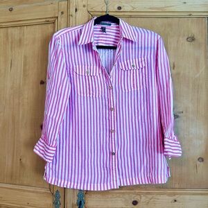 Ralph Lauren Women’s Striped Linen Button Down Shirt w/ Gold Anchor Buttons Sz S